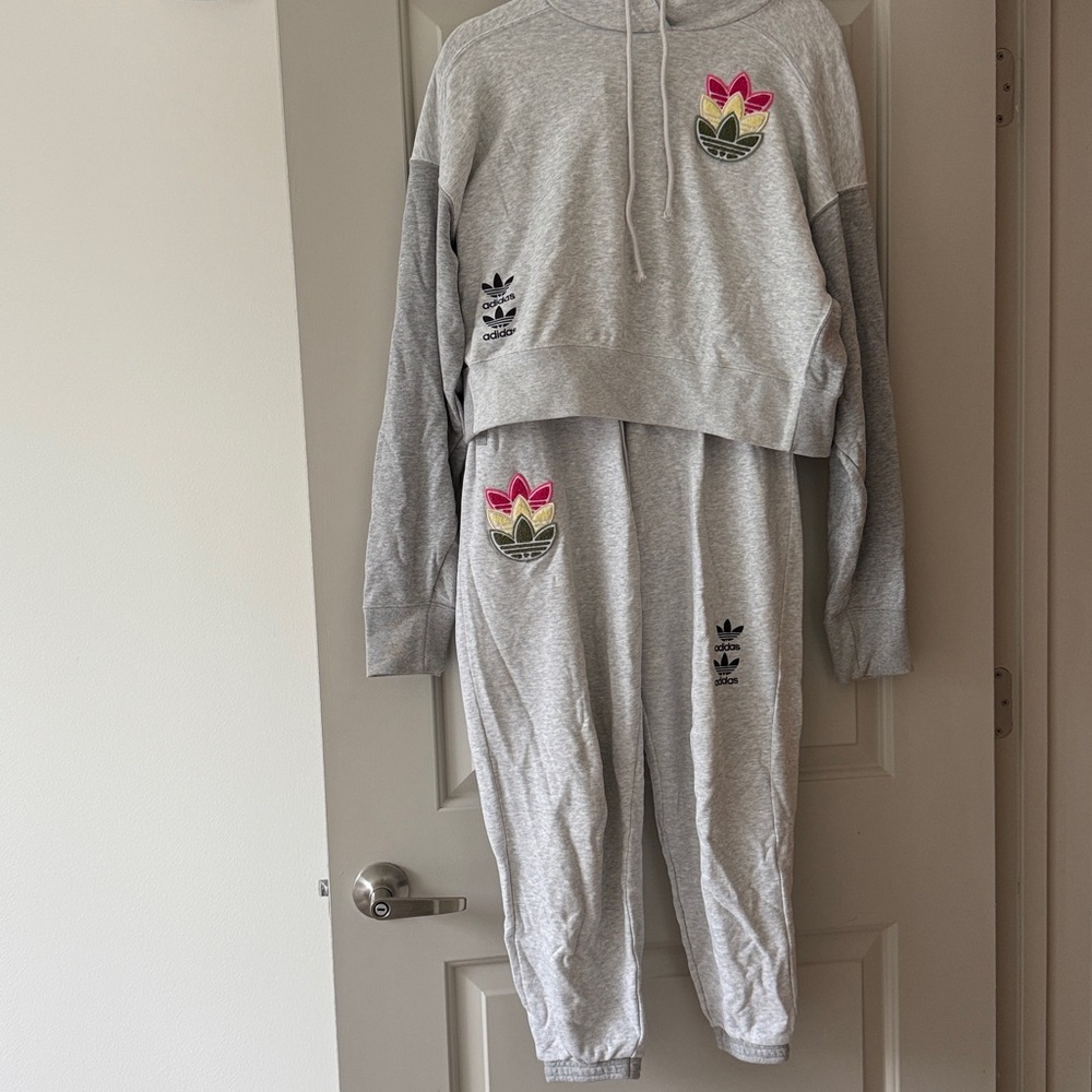 Adidas Gray Tracksuit with Pink and Green Accents